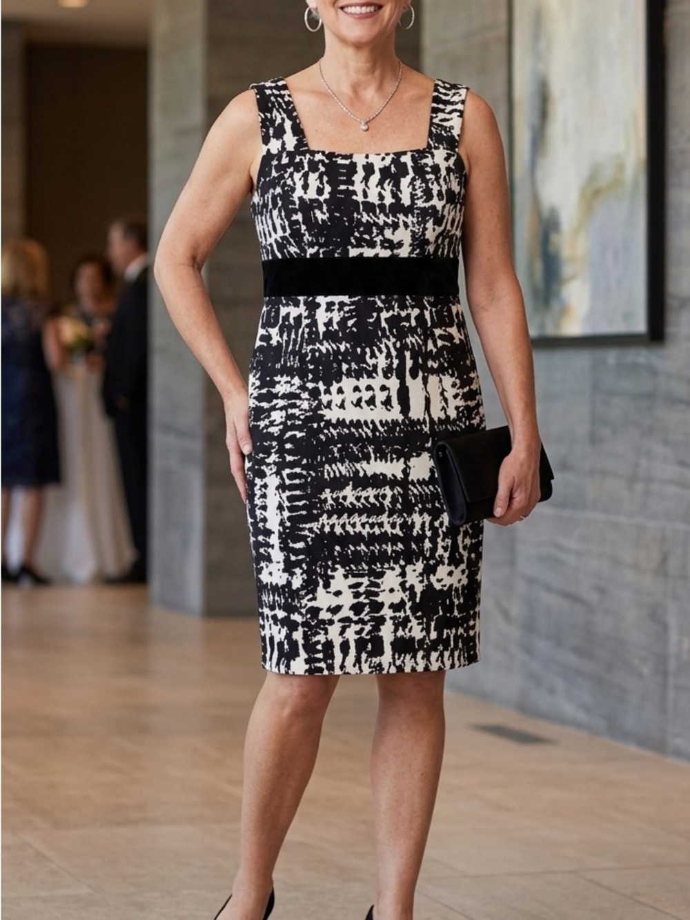 R&M Richards Black White Abstract Grid Print Dress Cocktail Petite 14P